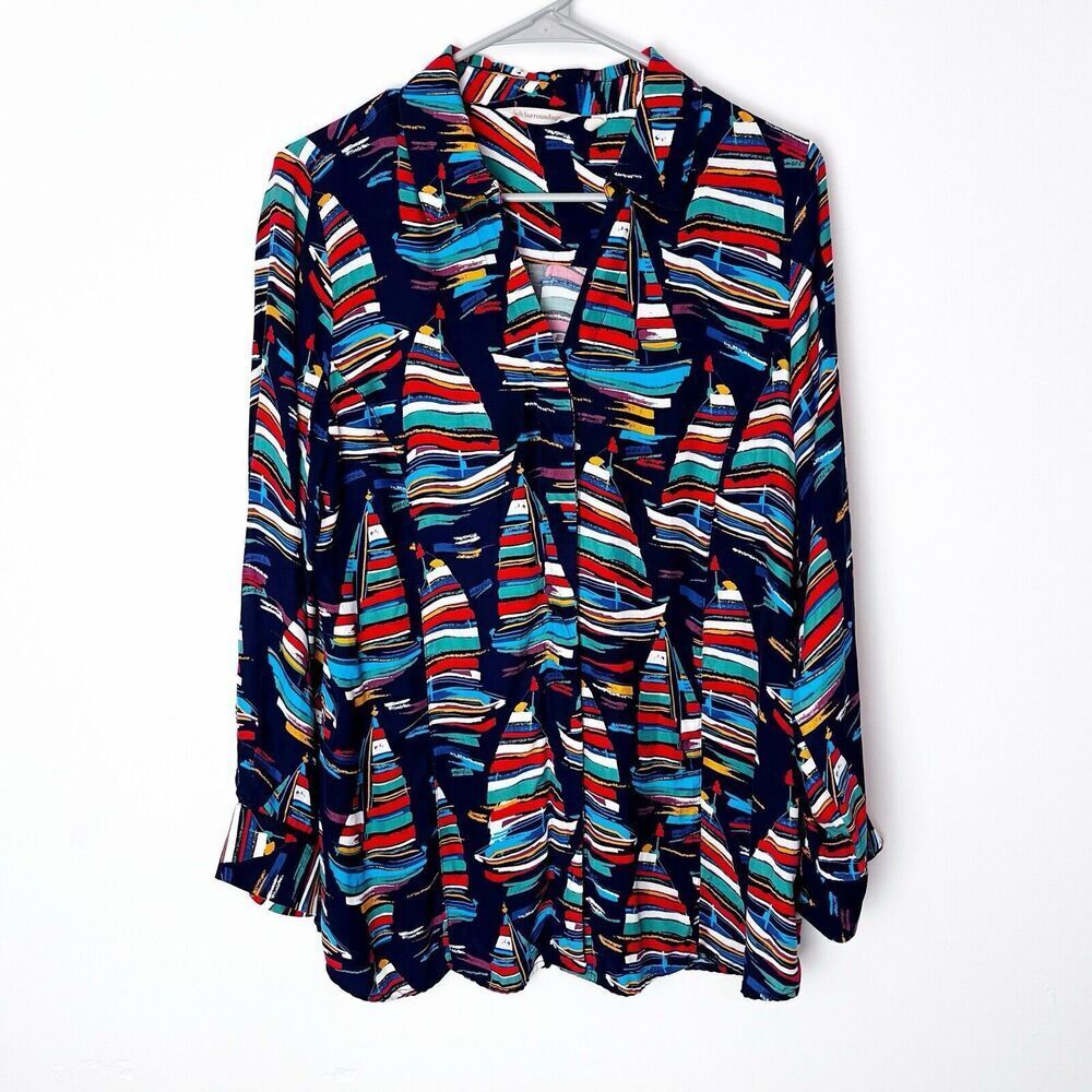 Soft Surroundings Sail Away Top Blouse Sailboat‎ Button Up Long Sleeve Size PM​​